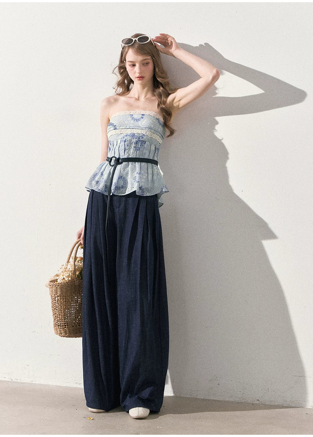 "Weekend Market" Blue Porcelain Peplum Tube Top