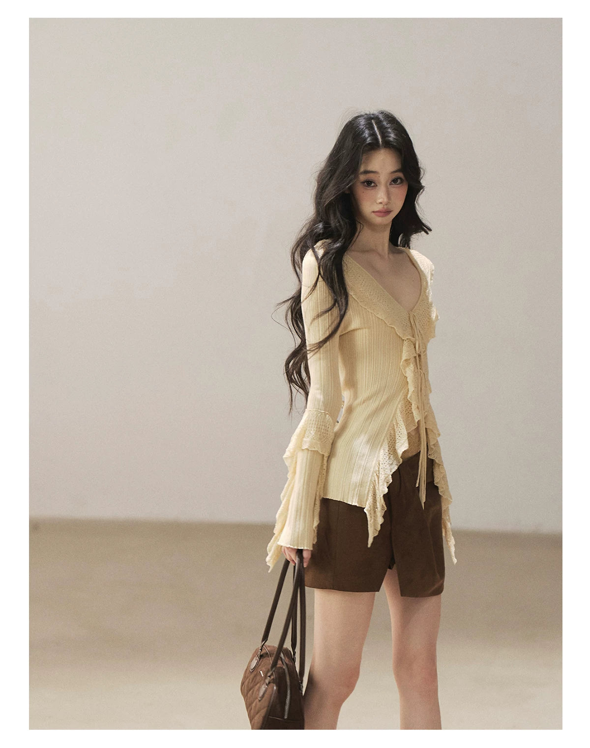 AOMALM - "The Gap of Light" Cheese Yellow Korean Ruffle Lace-Trim Knit Cardigan