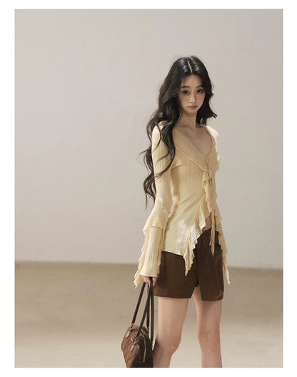 AOMALM - "The Gap of Light" Cheese Yellow Korean Ruffle Lace-Trim Knit Cardigan