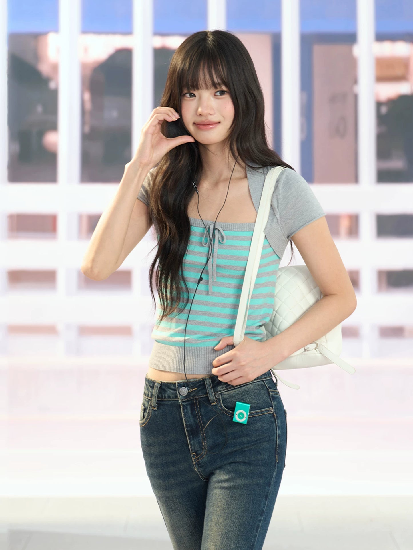 "Mint Transit" Gray Layered Square Neck Knit Top