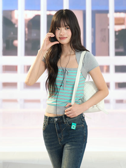 "Mint Transit" Gray Layered Square Neck Knit Top