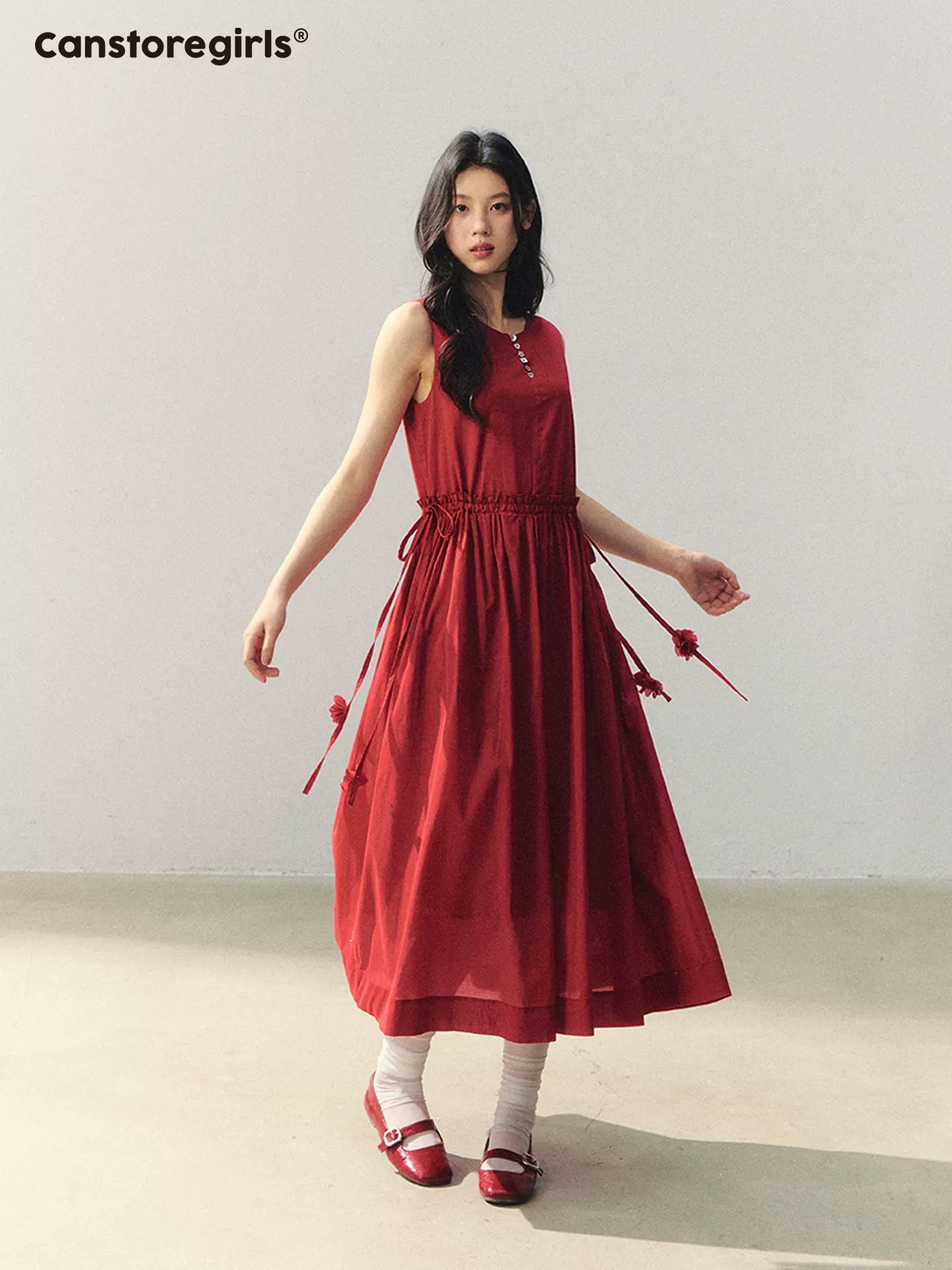 "Hyacinth in Red Dress" Sleeveless A-line Midi Dress LL2026005