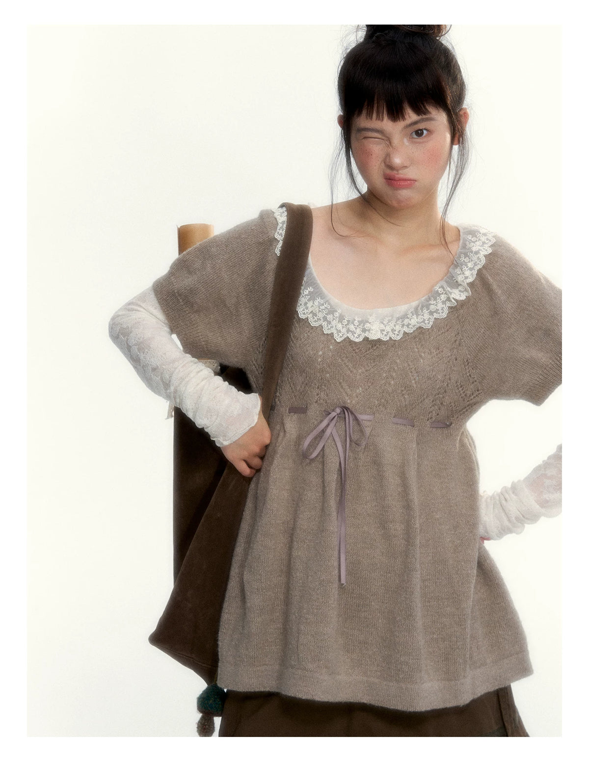 “Cloud Pleats” Chestnut Mist U-Neck Bow-Tie Puff Sleeve Knit Sweater