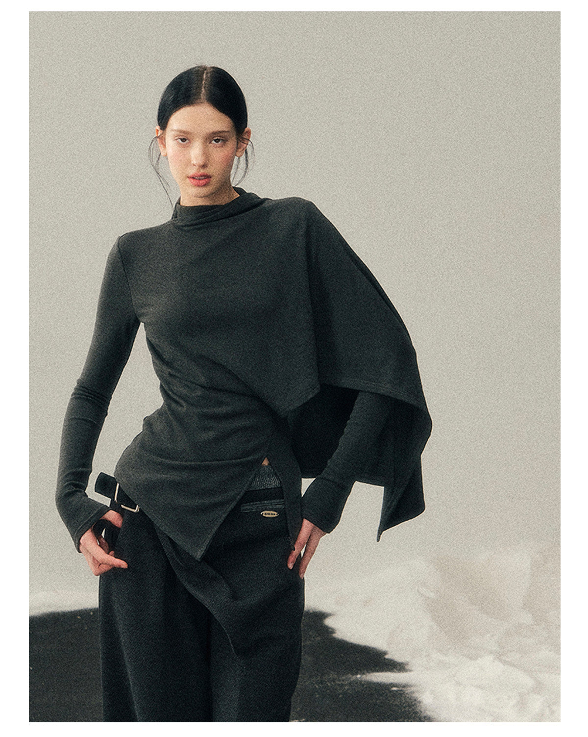 少也眼 "She Outshines the Fireworks" Charcoal Asymmetrical Wrap Top