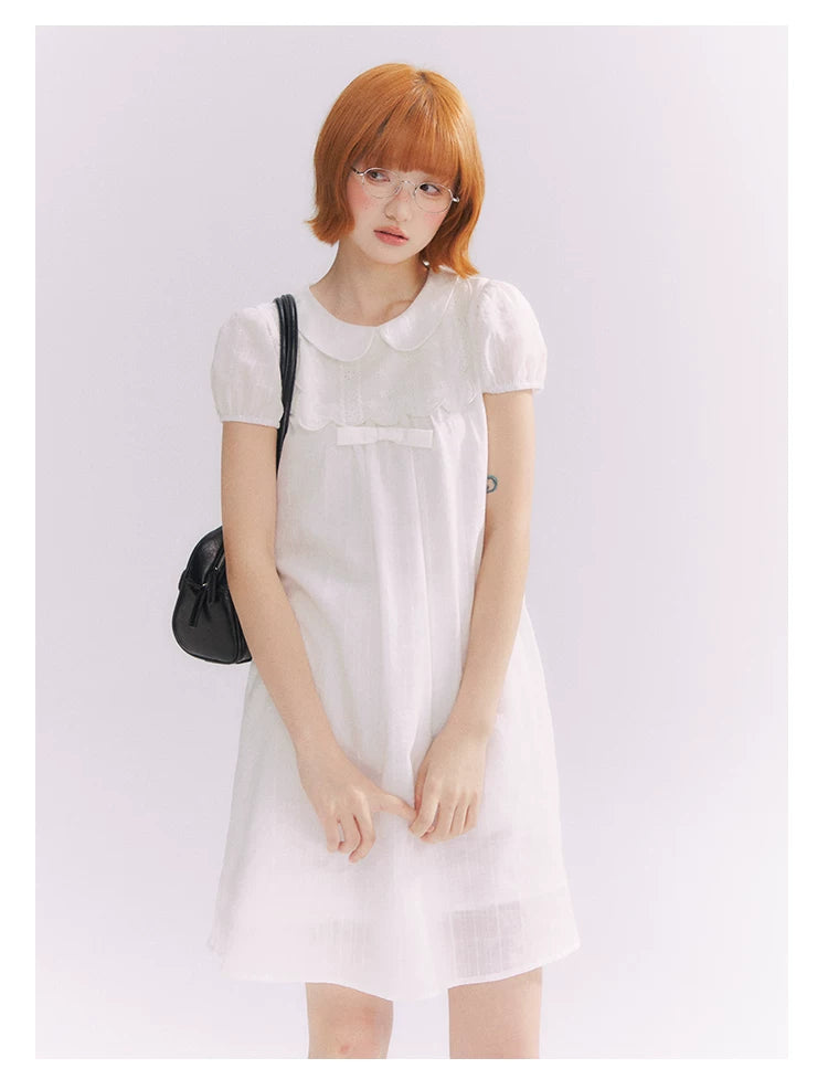 “Lace Sleep Song” White Embroidered Puff Sleeve Babydoll Dress