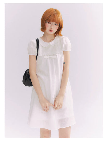 “Lace Sleep Song” White Embroidered Puff Sleeve Babydoll Dress
