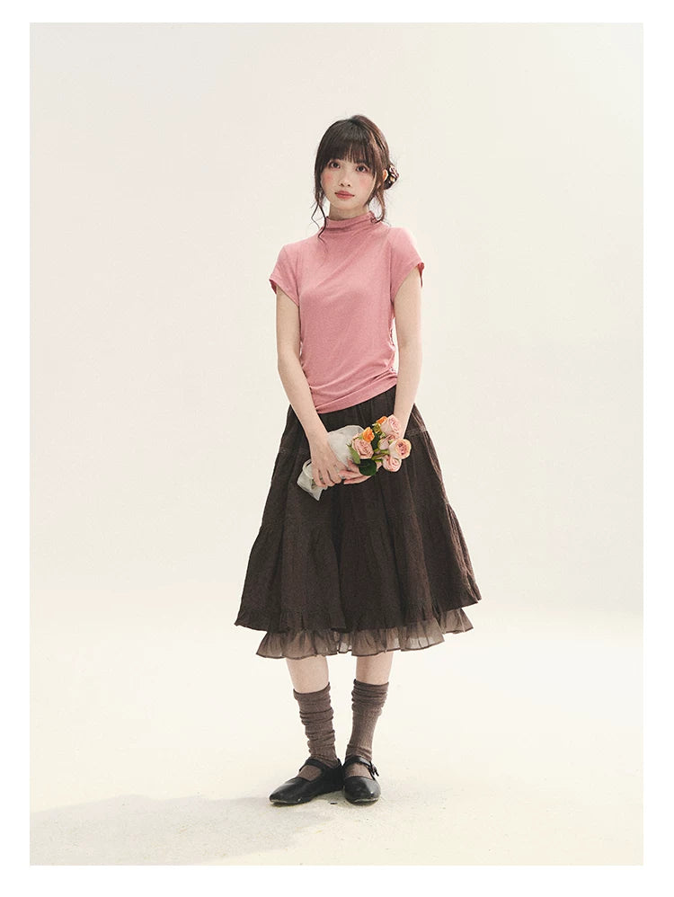 "Faded Bloom" Deep Brown Red Lace Trim Tiered A-Line Skirt