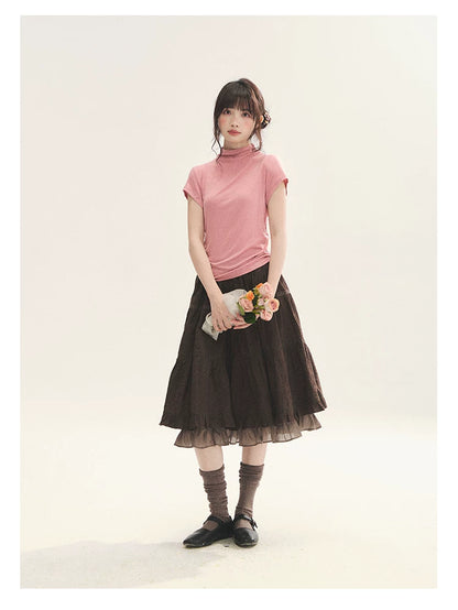 "Faded Bloom" Deep Brown Red Lace Trim Tiered A-Line Skirt