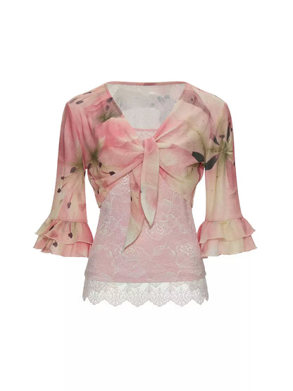 Floral Lace Trim Cami & Tie-Front Cardigan Set WE957