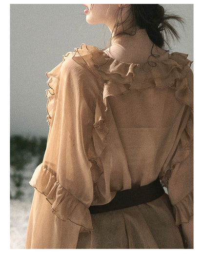 “Whispers of the Wind” Ash Caramel Lace Chiffon Blouse (With Belt)