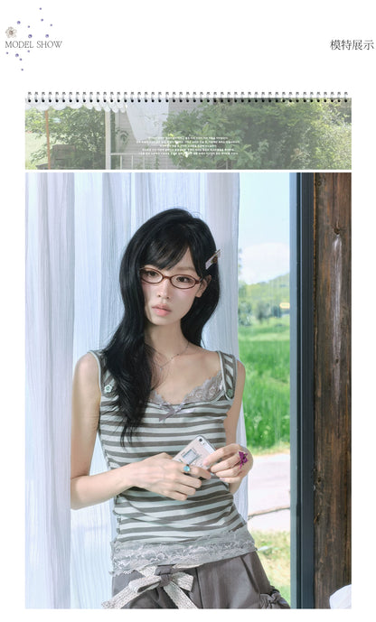 "Sage Whisper" Two-Tone Lace Cami Top (Sage Stripe / Lavender)
