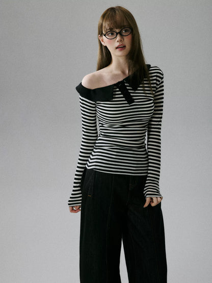 LOST FOREST - Striped Asymmetrical Lyocell-Wool Layering Top