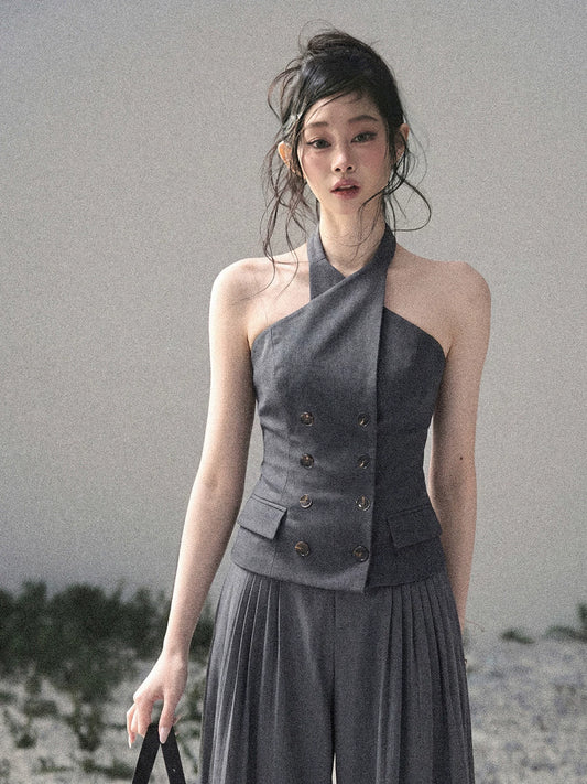 "The Unsent Letter" Deep Slate Gray Halter Tailored Top