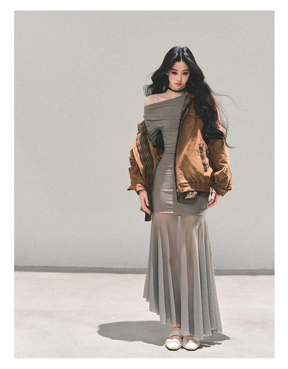 少也眼 "The Silent Heiress" Ash Camel Slim-Fit Evening Maxi Dress 76867845