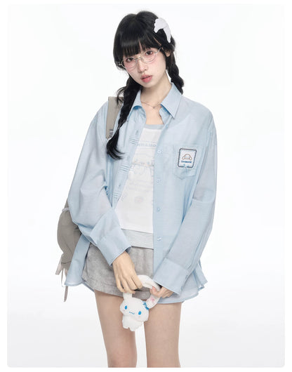 170726K "Campus Icons" Gray Purple Relaxed Polo Overshirt (Kuromi / My Melody / Cinnamoroll)