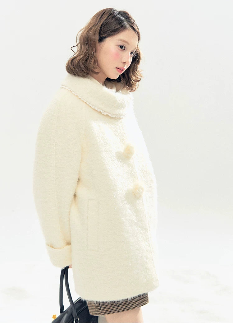 "Snow-Kissed Sakura" Ivory Wool-Blend Quilted Mid-Length Coat with Detachable Plush Flowers