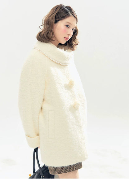 "Snow-Kissed Sakura" Ivory Wool-Blend Quilted Mid-Length Coat with Detachable Plush Flowers