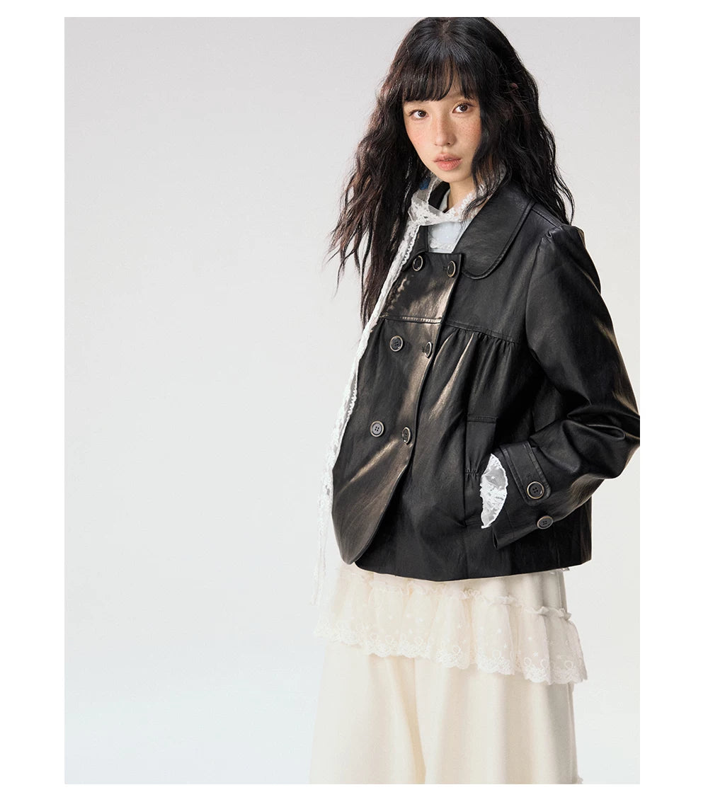 [CAN] "Midnight Sweetheart" Black Bow Pocket Doll Collar Faux Leather Jacket