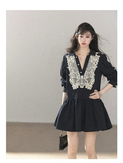 AOMALM - Navy French-Inspired Lace Shirt Mini Dress with Convertible Sleeves