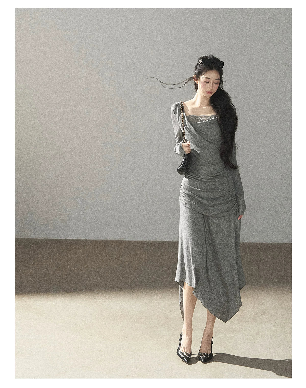 AOMALM - "Still River Cove" Cloud Mist Gray French-Inspired Lace Maxi Dress
