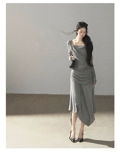 AOMALM - "Still River Cove" Cloud Mist Gray French-Inspired Lace Maxi Dress