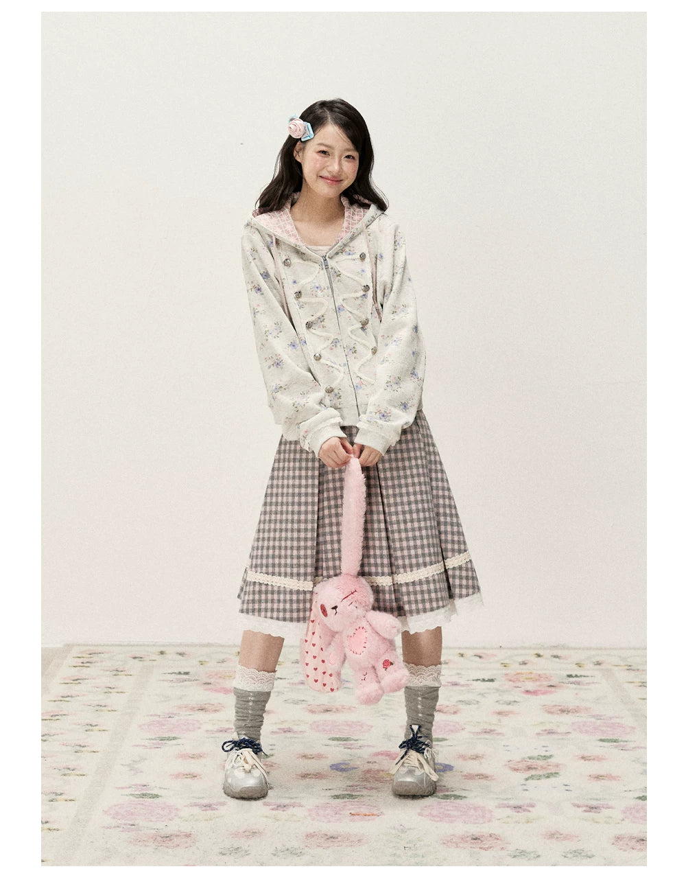 [RF] Vintage Floral Waffle Knit Hoodie Cardigan with Gingham Lining