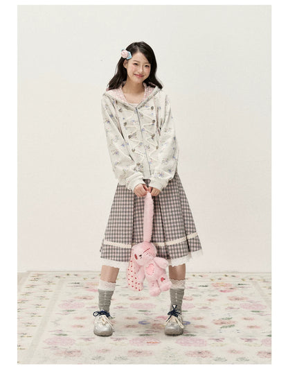 [RF] Vintage Floral Waffle Knit Hoodie Cardigan with Gingham Lining
