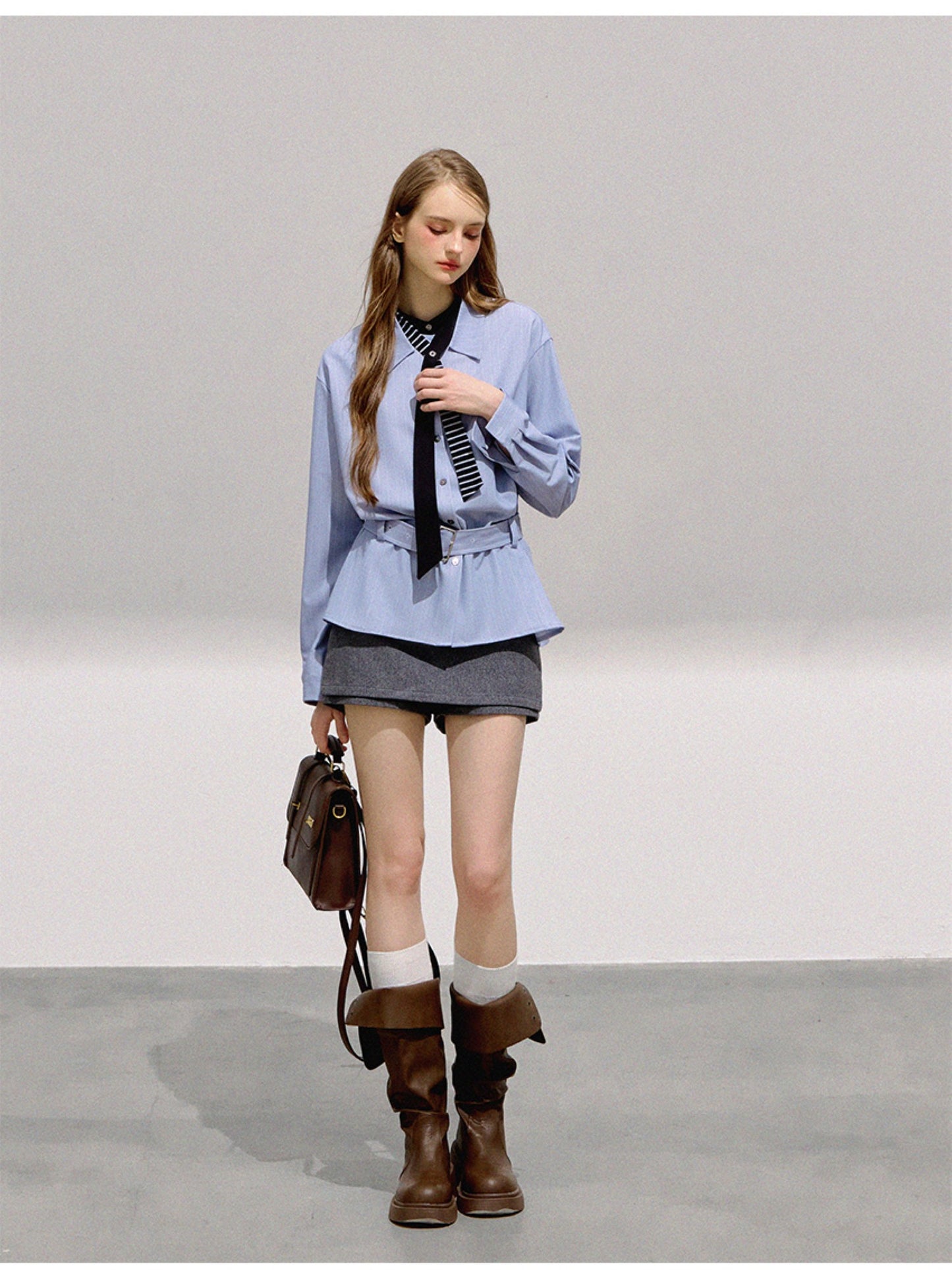 BOHOL BLING - Vintage Preppy Blue Striped Belted Loose Shirt