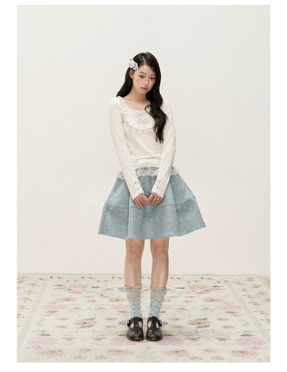 [RF] Cream Floral Peter Pan Collar Long-Sleeve Fitted Layering Top with Lace Details