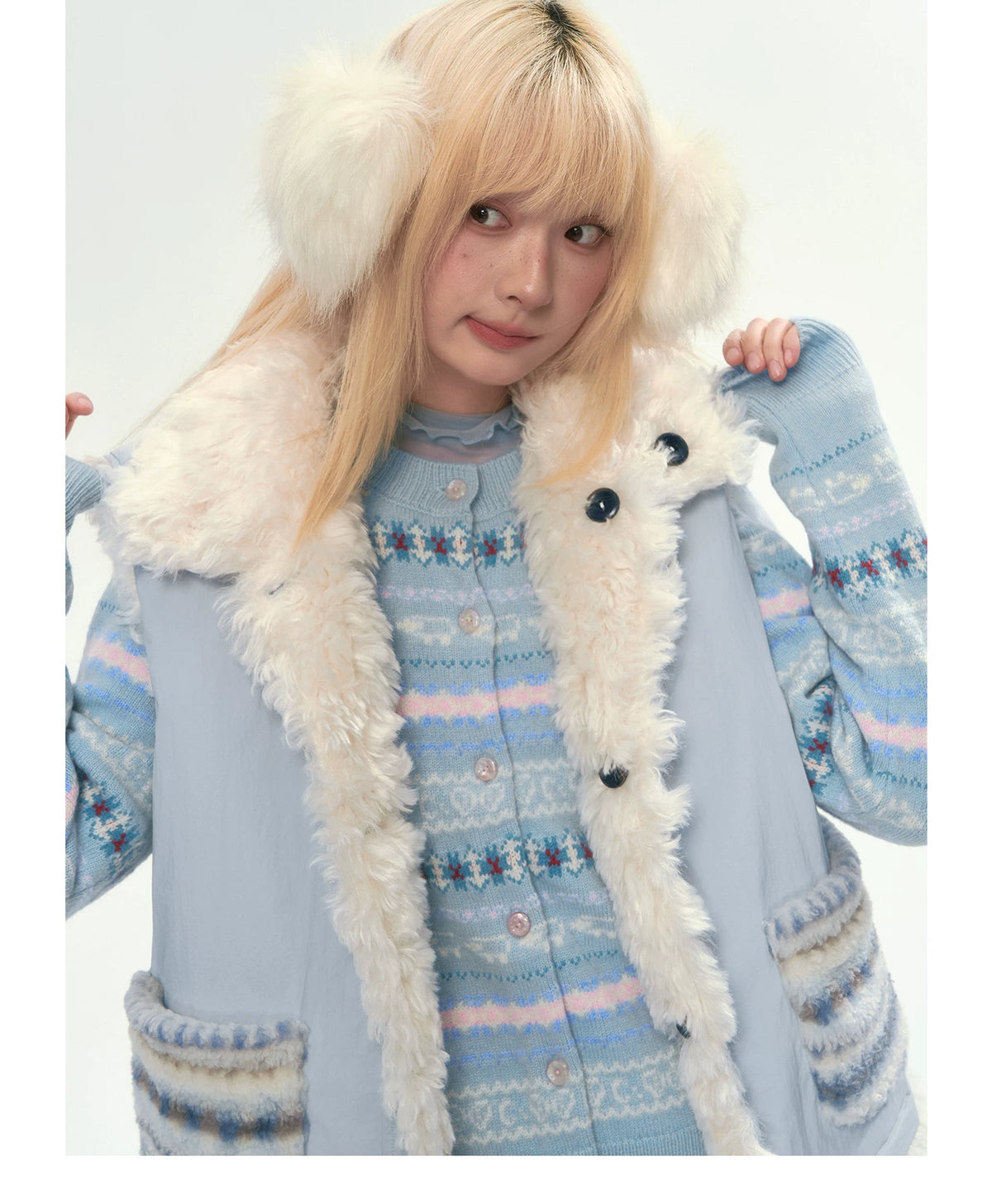 [CAN] Blue Fair Isle Cropped Wool Cardigan (100% Sheep Wool)
