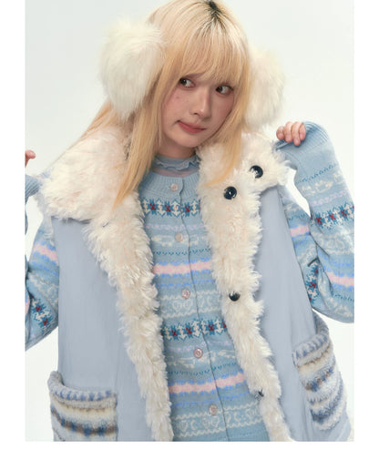 [CAN] Blue Fair Isle Cropped Wool Cardigan (100% Sheep Wool)
