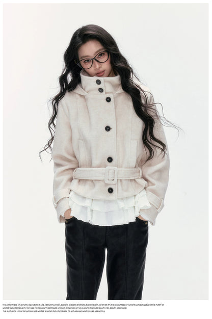 24olvides - Beige Hooded Wool-Blend Coat with Waist Belt