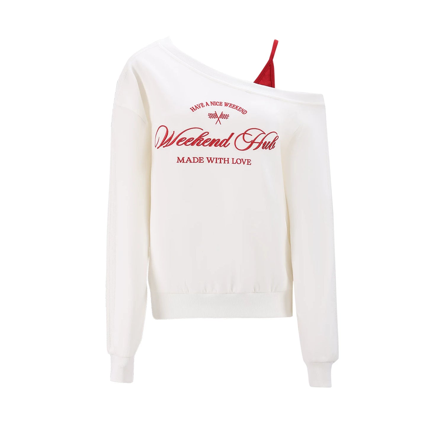 "Cloud Transit" White Layered Off-Shoulder Sweatshirt