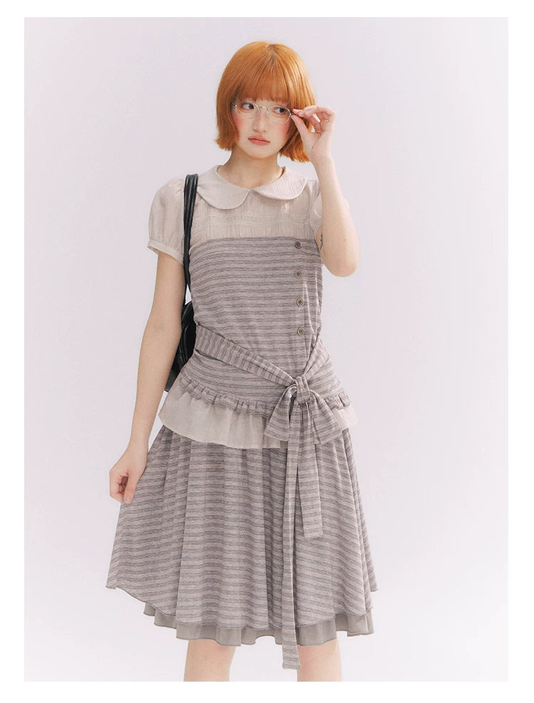 “Old Keepsake Letters” Frost Gray Doll Collar Lace Two-Piece Set