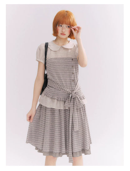 “Old Keepsake Letters” Frost Gray Doll Collar Lace Two-Piece Set