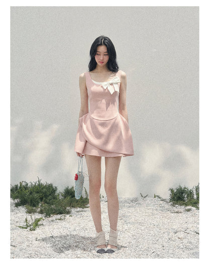 “Falling Sweetness” Ballet Pink Bow Mini Dress
