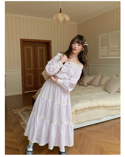 “Misty Blossom Reverie” Light Purple Off-Shoulder Top & Lace Trim Skirt