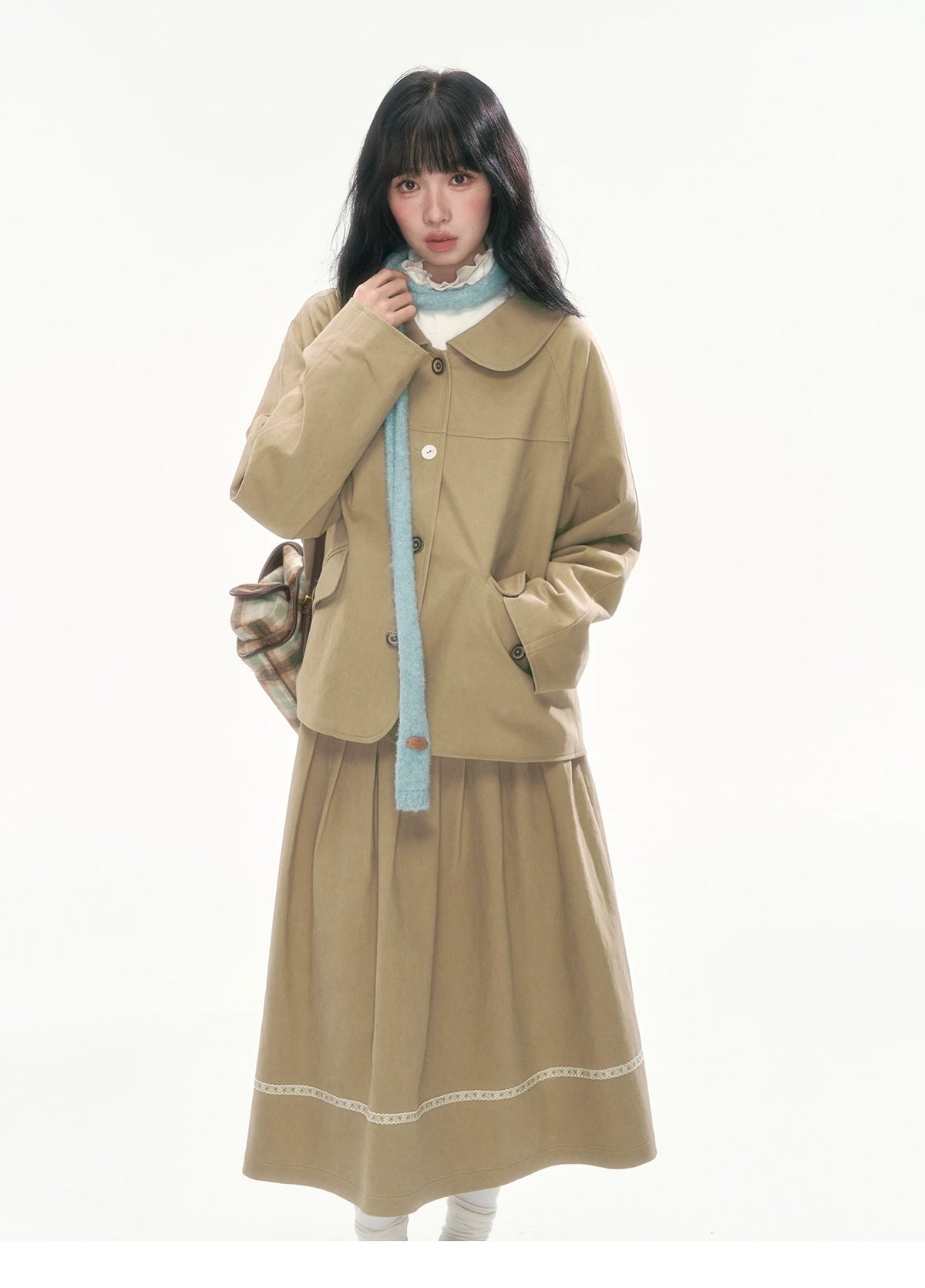 [CAN] Khaki Peter Pan Collar Jacket & Midi Skirt Set
