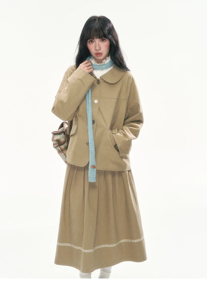 [CAN] Khaki Peter Pan Collar Jacket & Midi Skirt Set