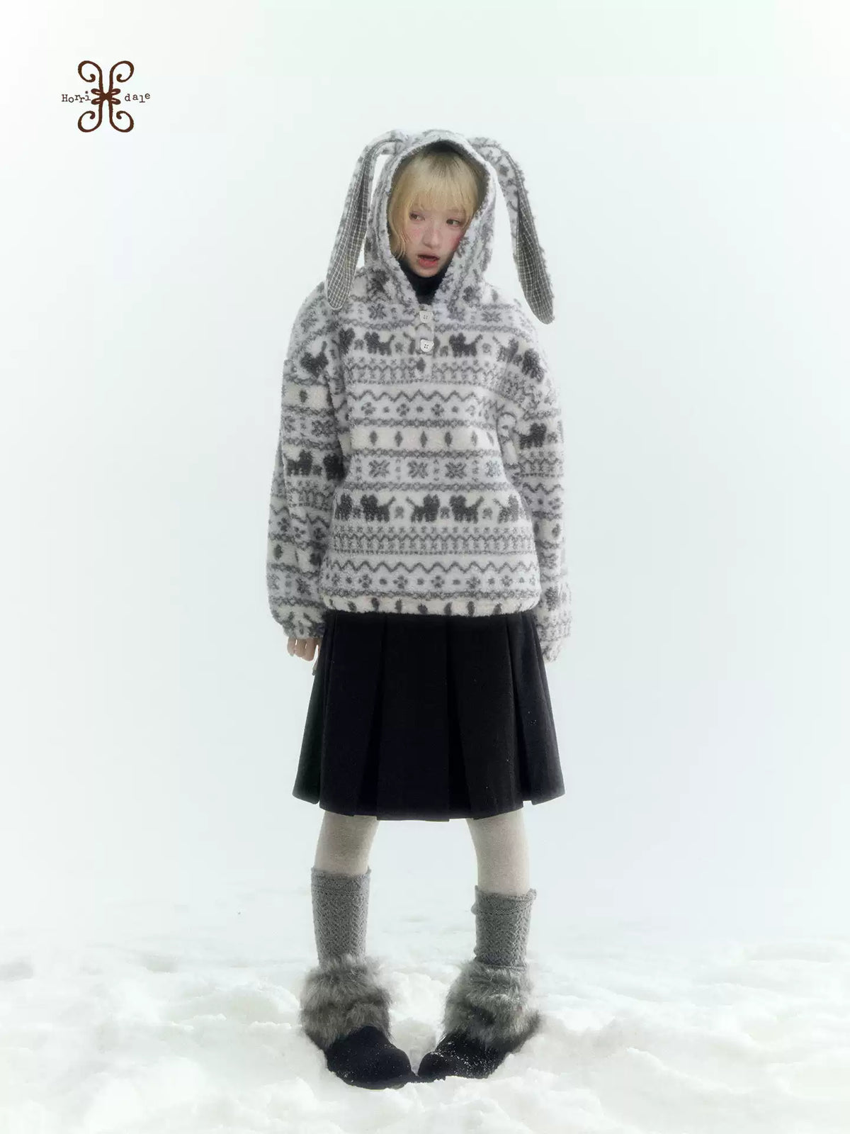 Horridale - Pink Fair Isle Cat Sherpa Fleece Hoodie with Bunny Ears