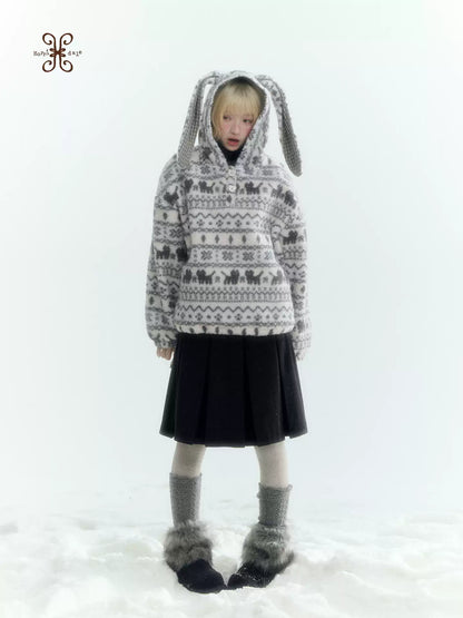 Horridale - Pink Fair Isle Cat Sherpa Fleece Hoodie with Bunny Ears