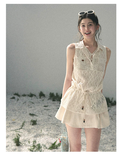 “Summer Breeze Kissing the Hem” Ivory Lace Layered Sleeveless Top
