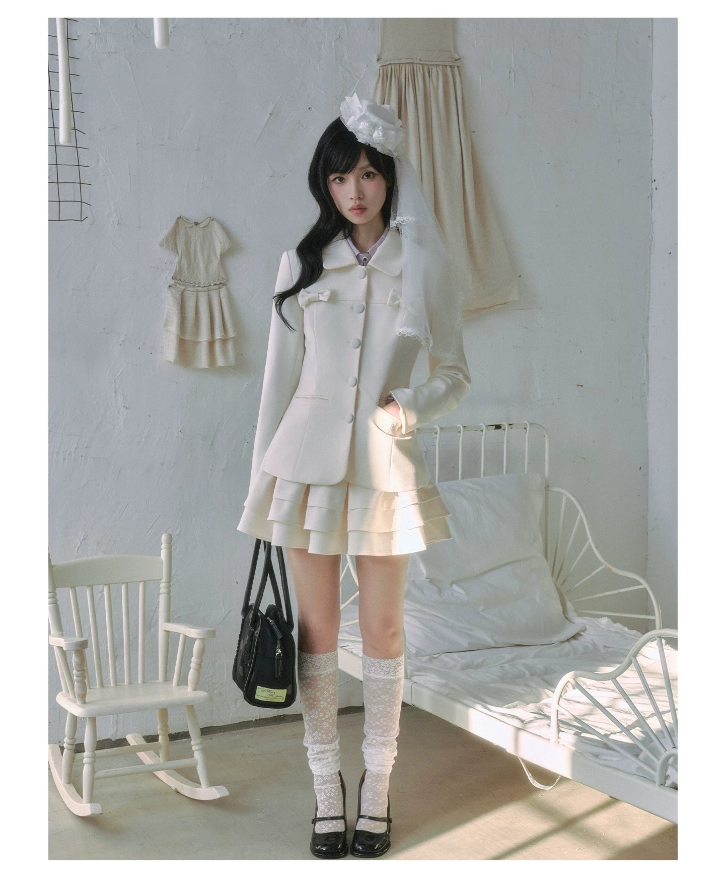"Showa Girl" Tailored Layered Collection (Blazer / High-Waist Skirt / Victorian Shirt / Mesh Overlay Skirt)