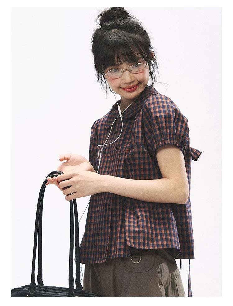"Retro Plaid Sweetheart" Navy Orange Check Cotton Peter Pan Collar Blouse