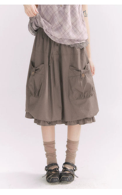 “Sweet & Cool Girl” Taupe Bow Drawstring High-Waist A-Line Cargo Skirt