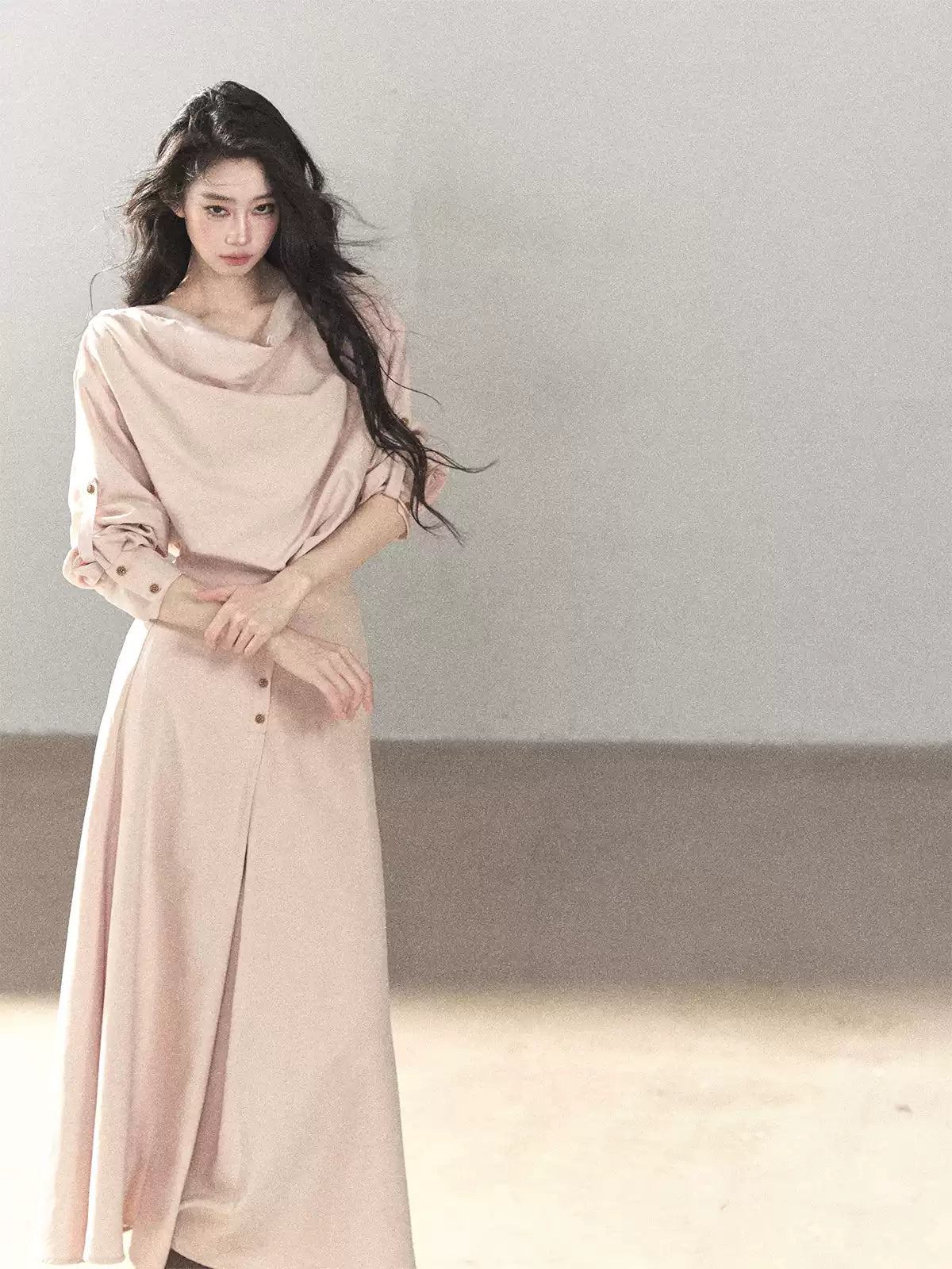 AOMALM - Cinnamon Pink Draped-Neck A-Line Maxi Dress