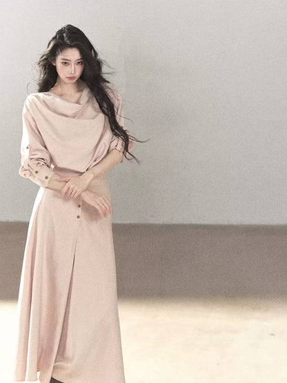 AOMALM - Cinnamon Pink Draped-Neck A-Line Maxi Dress