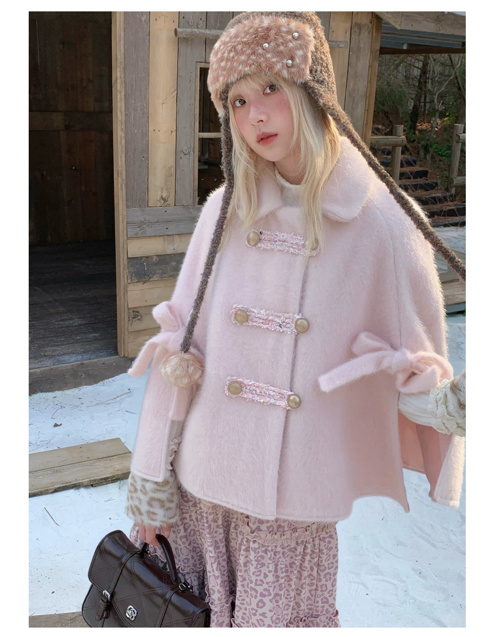 RF - Vintage Pink Fuzzy Cropped Cape Coat with Ribbon Buttons