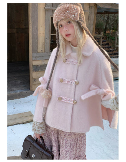 RF - Vintage Pink Fuzzy Cropped Cape Coat with Ribbon Buttons