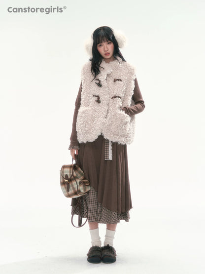 CAN - "The Velvet Alcove" Light Coffee Brown Reversible Plaid Shearling Vest